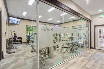 A view of the fitness center from the inside of the building